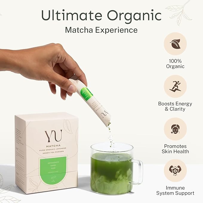 Yu Tea Organic Ceremonial Grade Matcha Powder, 30 Instant Packets | Packed with Antioxidants, L-Theanine & Natural Caffeine | Unsweetened Grade A Japanese Matcha Powder | Single Serve Sticks - Bloomnest
