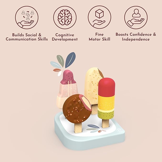 SPEEDY MONKEY Wooden Ice Cream Bar Stand with 4 Treats – FSC Certified Popsicle & Gelato Pretend Play Dessert Counter for Kids, Sweet Food Role Play Toy for Toddlers, Boys & Girls, Ice Cream Cart Set - Bloomnest