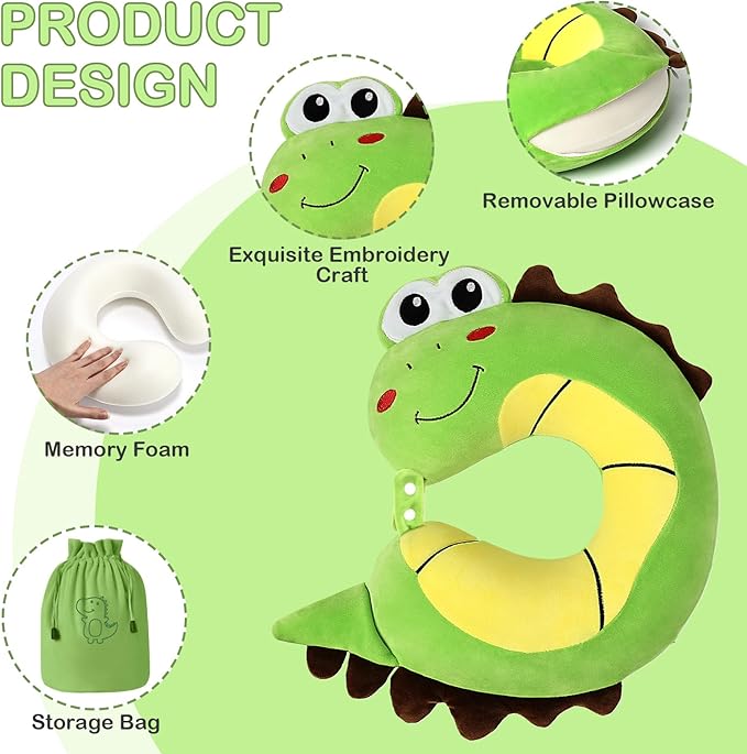 Kids Travel Pillow, Cute Dinosour Memory Foam Neck Pillow with Travel Bag, Soft Adjustable Airplane Pillow for Chin Support, Headrest- Green - Bloomnest