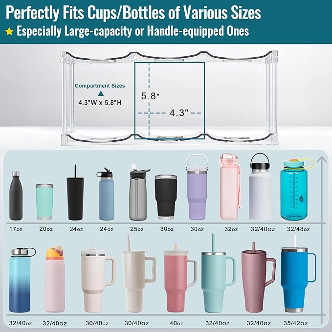 Design for Stanley 40 OZ & Large Bottles & Tumblers with Handle, Acrylic Water Bottle Organizer - Stackable Clear Wine Rack, Cup Holder for Home Kitchen Pantry Shelf Countertop Cabinet, 4 Tier Hold 12 MakeLifeBetterEasier