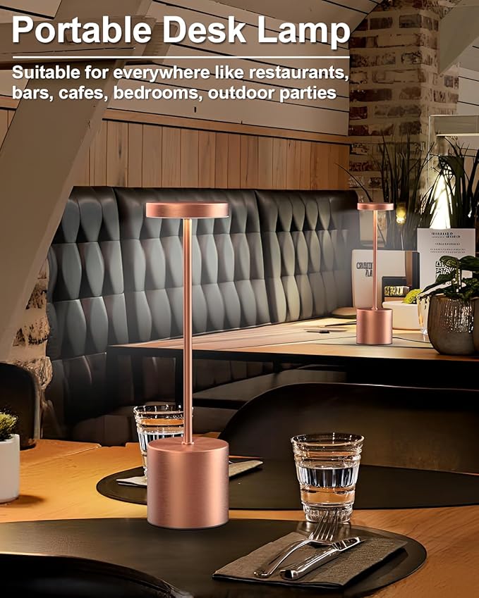 Cordless Table Lamps Rechargeable, Portable LED Desk Lamp, 5000mAh Battery Powered Wireless Table Light - 3 Color Dimmable Lighting for Restaurant Dining Patio Outdoor Bedroom(Rose Gold) - Bloomnest