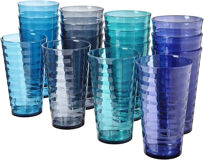 US Acrylic Splash [Set of 16] 18 ounce Plastic Stackable Water Tumblers in 4 Coastal Colors Value Set of Drinking Cups, Reusable, BPA-free, Made in the USA, Top-rack Dishwasher Safe - Bloomnest