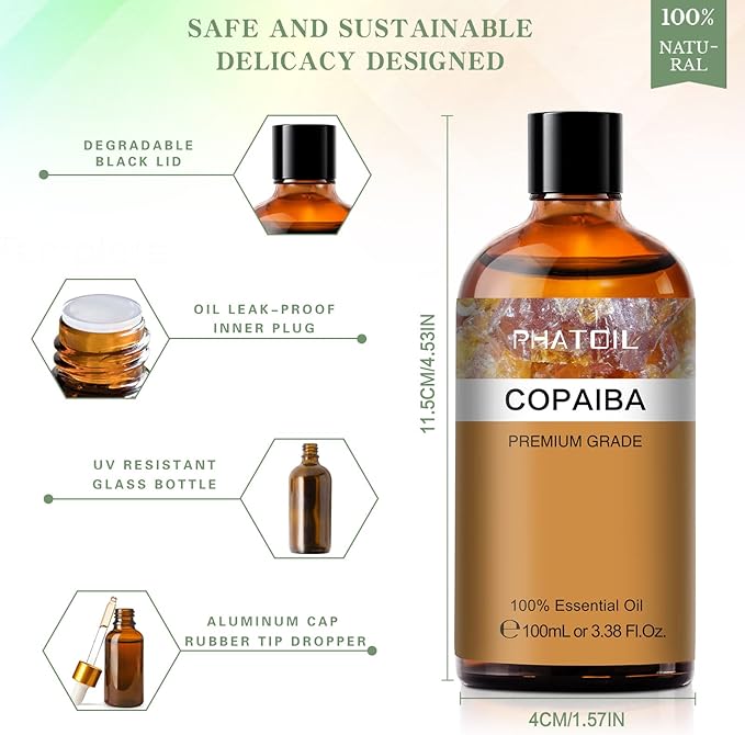 Copaiba 3.38fl.oz Essential Oil, PHATOIL Pure Aromatherapy Oils for Diffuser, Humidifier, Perfect for DIY Soap, Candle, Bath Bombs Making(100ml) PHATOIL