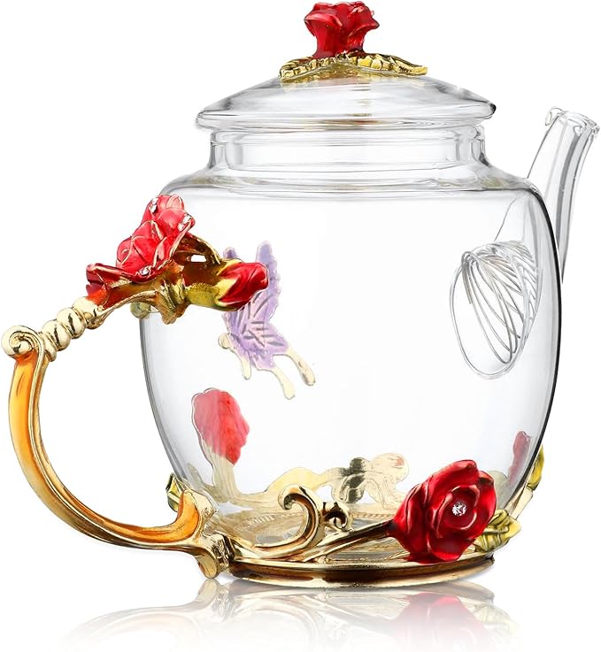 Glass Teapot -300 ml (10 oz), Flower Decoration Heat Resistant Glass Teapot Kettle with Golden Leaf Edge Color Floral Pattern Retro Teapot Tea Party Set (Red) - Bloomnest