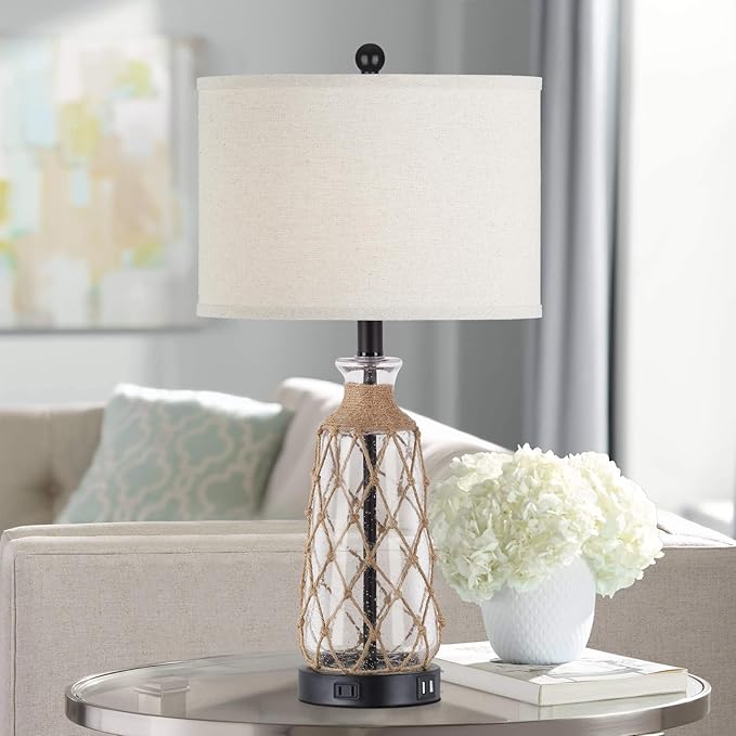 25.5" Coastal Glass Table Lamps Set of 2, 3-Way Dimmable Touch Control Bedside Lamps with 2 USB Ports and AC Outlet, Clear Nautical Nightstand Lamp for Bedroom Living Room (LED Bulbs Included) - Bloomnest