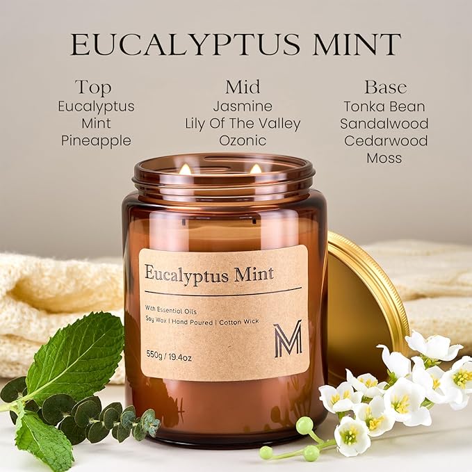 M&SENSE Eucalyptus Mint Home Scented Candle | 19.4oz, 115-Hour Burn | Natural Organic Soy Wax | Long-Lasting for Stress Relief and Gifting | for Bedroom，Relaxing SPA，Office - Bloomnest