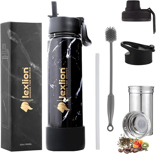 Lexlion Tea Infuser Water Bottle 22 Oz – Triple Wall Insulated Stainless Steel, Loose Leaf & Fruit Strainer, 3 Leakproof Lids, BPA-Free Silicone Sleeve, Reusable Thermal Mug - Bloomnest