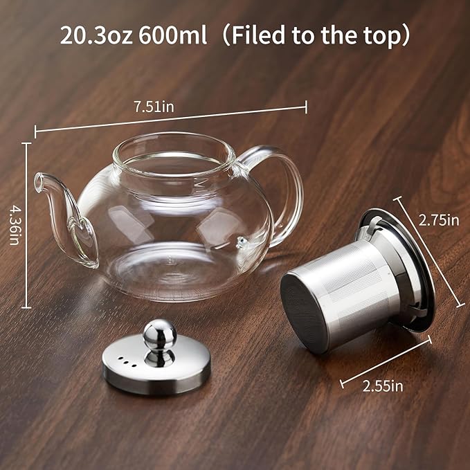 Glass Teapot Stovpetop Safe,20 oz/ 600 ml Stove Top & Microwave Safe Small Borosilicate Glass Kettle with Loose Leaf Tea Strainer For Flower Blooming Tea, Clear - Bloomnest