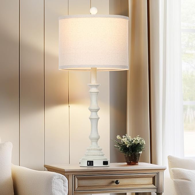 27.5" Tall Table Lamp for Living Room Set of 2, Vintage Farmhouse Table Lamps with USB C+A Ports, 3-Way Dimmable Touch Bedside Lamps, Tradition Bedroom Lamps for Nightstand Side End Table Desk, White - Bloomnest