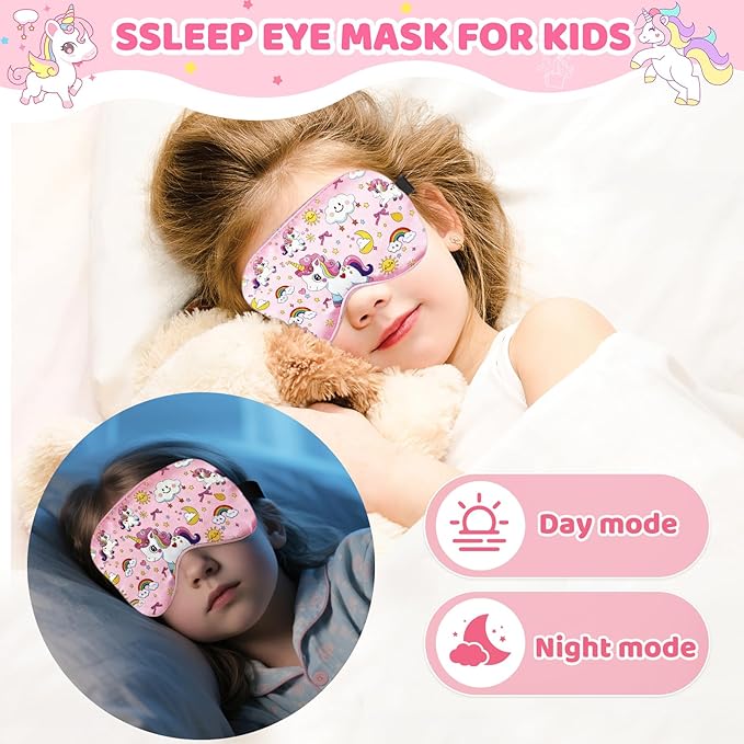 2 Pcs Sleep Mask for Kids Girls, Silk Eye Covers for Sleeping, Adjustable Strap & Light Blocking Design, Children's Bedtime Blindfold for Travel and Home Use (Rainbow Unicorn) - Bloomnest
