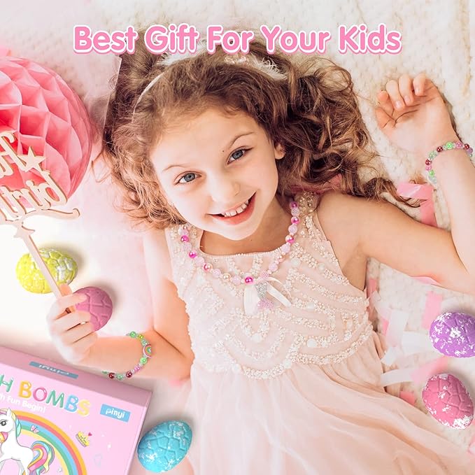 Kids Bath Bombs for Girls with Toys Inside, 12+1 Pack Unicorn Bath Bombs with Surprise Jewelry for Kids, Princess Girls BathBombs with Mermaid Necklace 3 4 Year Old Girl Birthday Easter Gifts - Bloomnest