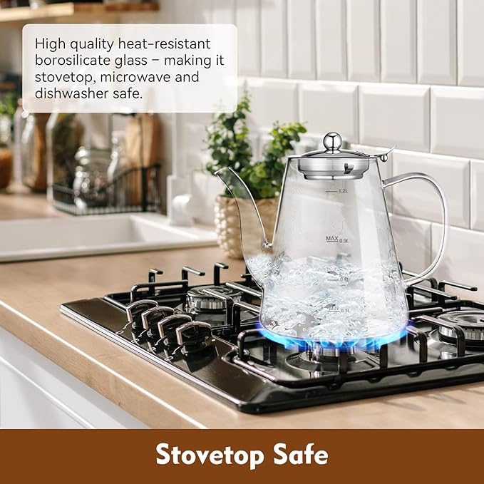 Glass Teapot, 1200ml (40oz) Tea Pot with Infuser for Loose Tea and Blooming Tea, Stovetop Safe Tea Kettle, Hand Crafted Borosilicate Glass Tea Maker with Scale Line, Tea Gift Set for Tea Lovers - Bloomnest