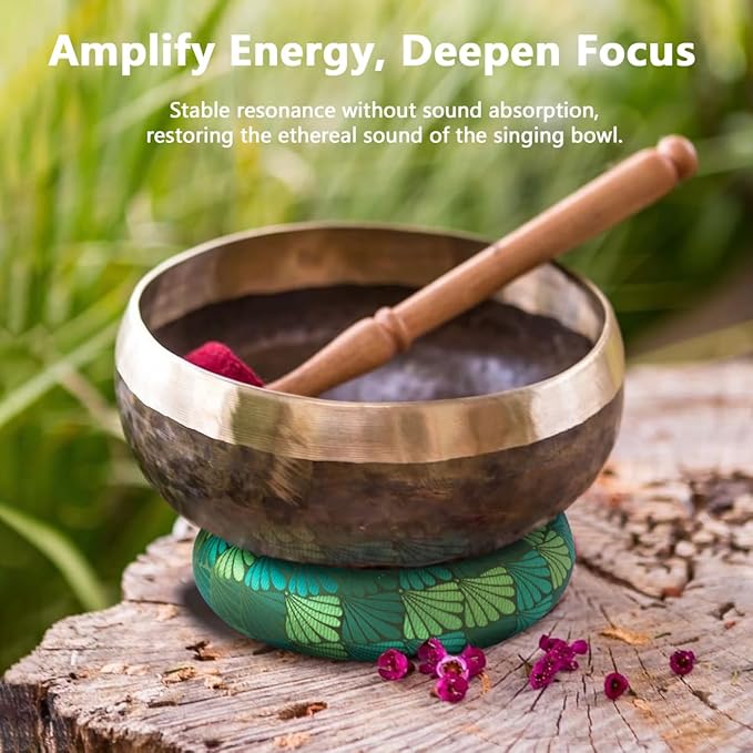 Singing Bowl Cushion for Tibetan Singing Bowls, Handmade Silk Brocade Round Cushion Pillow for Sound Healing and Crystal Sound Bowls Accessories(6.7 Inch,ForestGreen) - Bloomnest