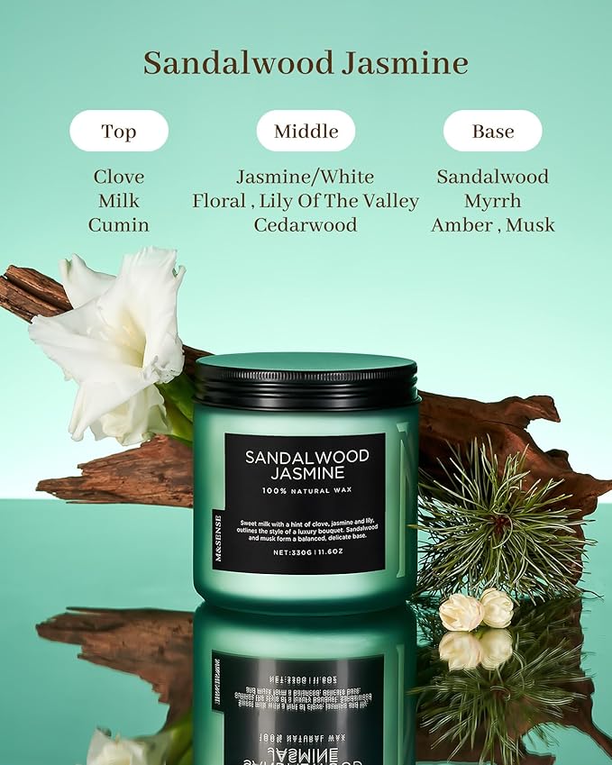 M&SENSE Sandalwood Jasmine Scented Candle, 11.6oz 70 Hours Burn Time Clean Non Toxic Natural Soy Wax Candle 2 Cotton Wick Home Decor for Mothers Day & Bathroom Bedroom - Bloomnest
