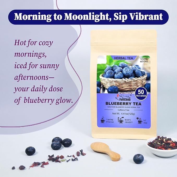 FullChea - Blueberry Tea Bags, 50 Teabags - Premium Blueberry Blend Herbal Tea - Harmonious Mix of Blueberries, Hibiscus, Raisins, Mint Leaves - Rich in Natural Goodness, Delightful Taste - Bloomnest