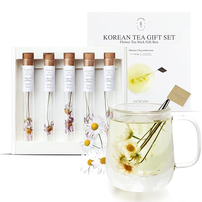 KKOKDAM Tea Gift Set - Siberian Chrysanthemum Blooming Stick Flowers - Fancy Korean Gifts For Tea Lovers - 5 Premium Flower Sticks - Bloomnest