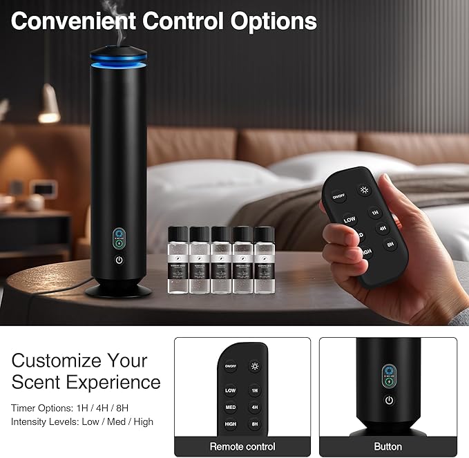 Waterless Scent Diffuser Starter Kit - 1500 Sq Ft Coverage, Scent Diffuser for Home, Hotel, Studio, Essential Oil Diffuser Large Room, 7 Mood Lights Setting, 5 Essential Oils Included, Black, 11.50In - Bloomnest