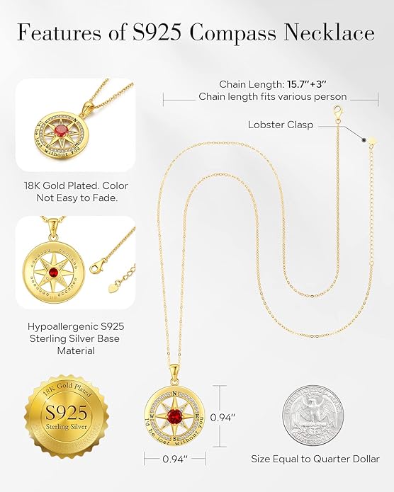 S925 Necklace Gift for Wife |Compass Jewelry |Women Anniversary |Sterling Silver |Girlfriend Birthday Gifts for Her Valentines |I'd be Lost without You |Jewel 18K Gold - Bloomnest