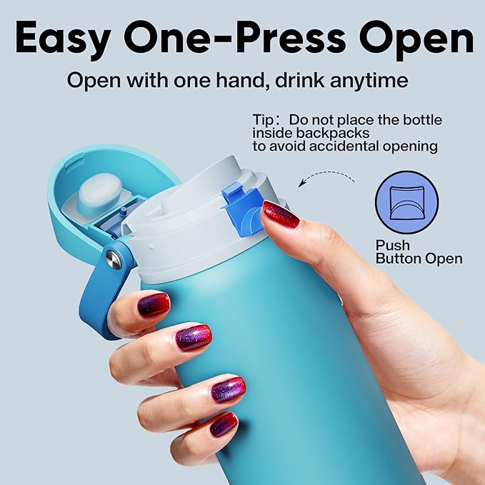 Insulated Water Bottle with Straw - Encool Stainless Steel Water Bottle with Push Button Lid, Leak-Proof & BPA-Free, Keeps Cold for 24 Hours for Sports, Travel, Gym (32 oz, Silk Blue) ENCOOL