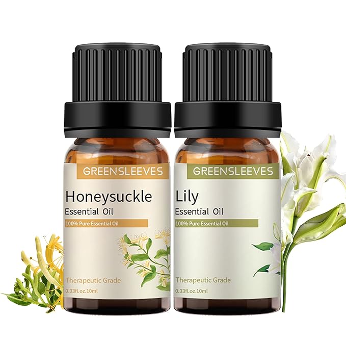 GREENSLEEVES Honeysuckle Lily Essential Oil Set, 2 x 10ml Pure Plant-Based Fragrance Oil for Aromatherapy, Essential Oils for Diffuser, Massage, Bath Bomb, Scented Candle Soap Making GREENSLEEVES