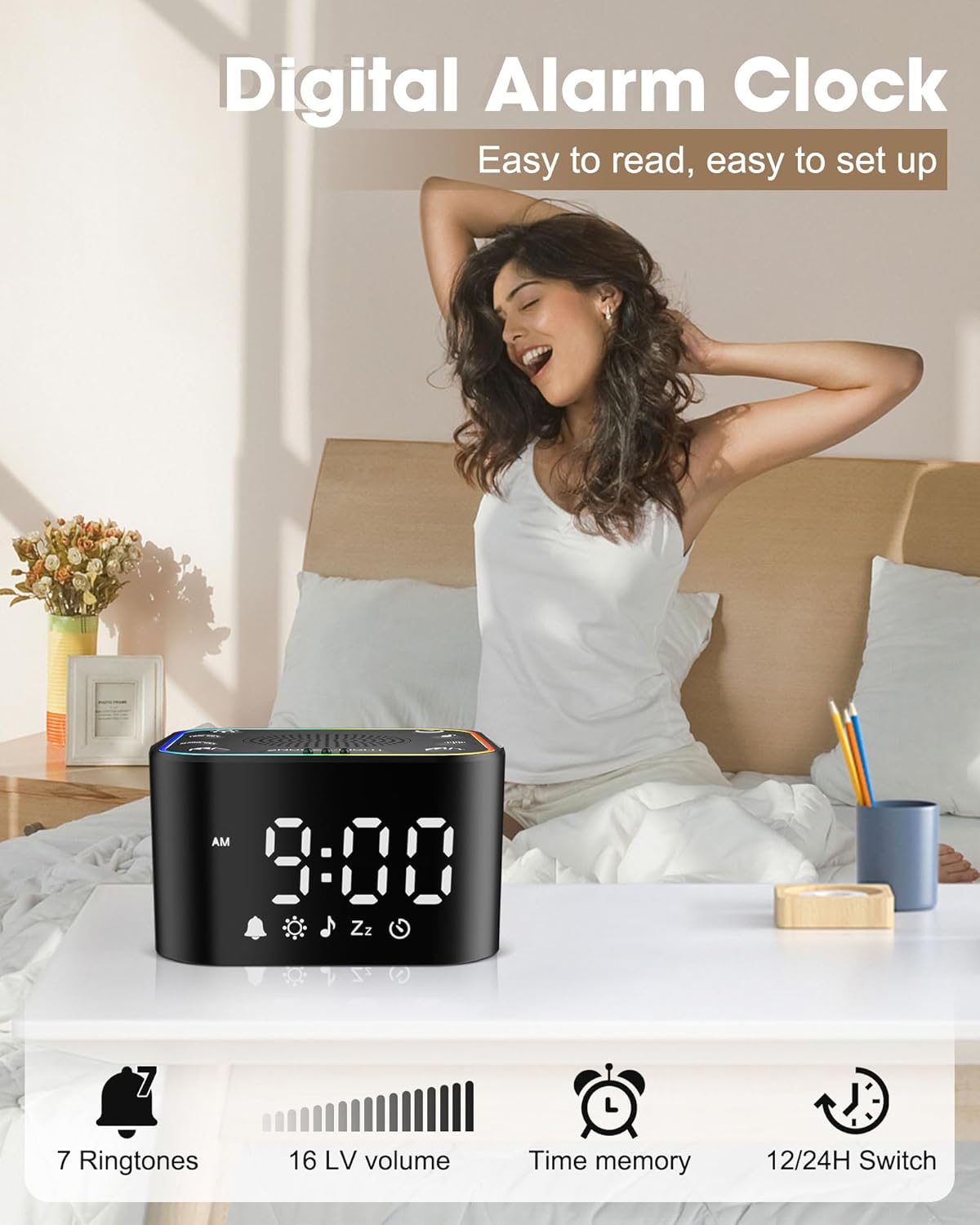 Alampan White Noise Sound Machine with Alarm Clock, 30 Soothing Sounds, Noise Machine for Sleeping, RGB Night Light, Digital Clock, Adults, for Bedside, Nightstand, Including Fan, Rain, Bird, Ocean