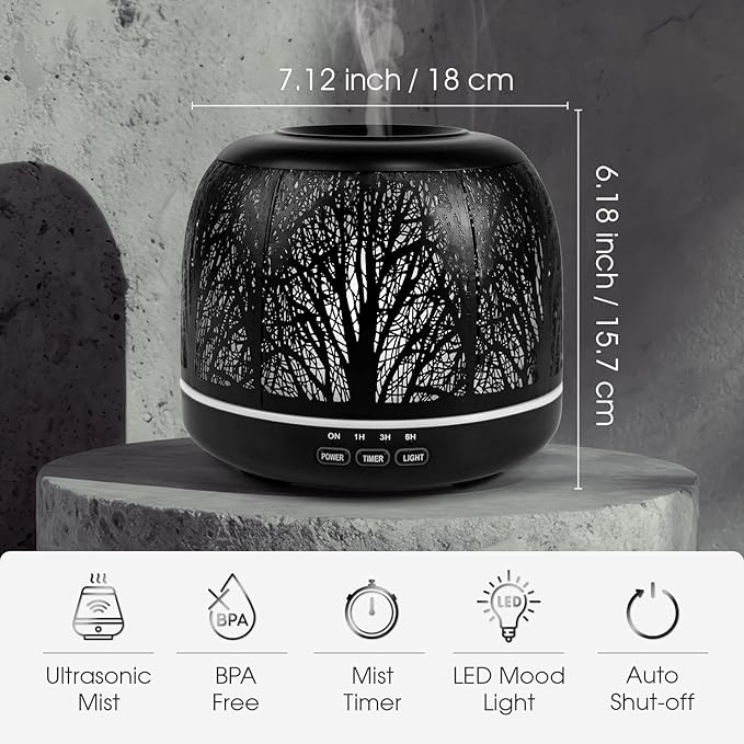 ARVIDSSON 500ml Essential Oil Diffuser, Metal Diffusers for Essential Oils, Aromatherapy Diffuser for Large Room, Color Mood Light & Mist Timer Setting, Gift for Women - Black Tree - Bloomnest