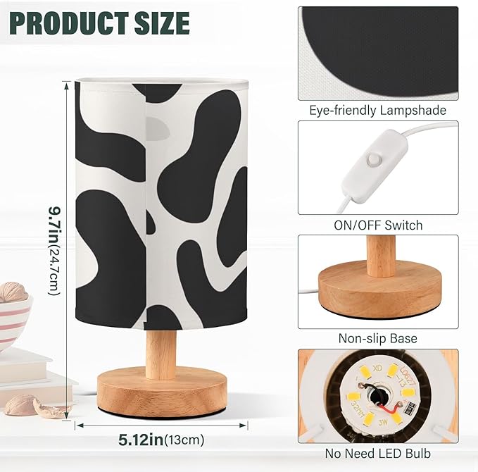 Bedside Lamp Black White Cow Print Table Lamp with USB Port Wood Base for Living Room,Bedroom,Nightstand,Office 202a3295 - Bloomnest