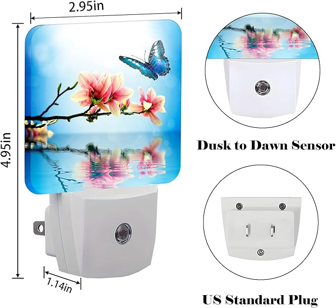 Butterfly and Magnolia Flower Night Light,Plug Into Wall for Boys Girls Bedroom Decorative Square Night Light Lamp 0.5w Sleep Friendly