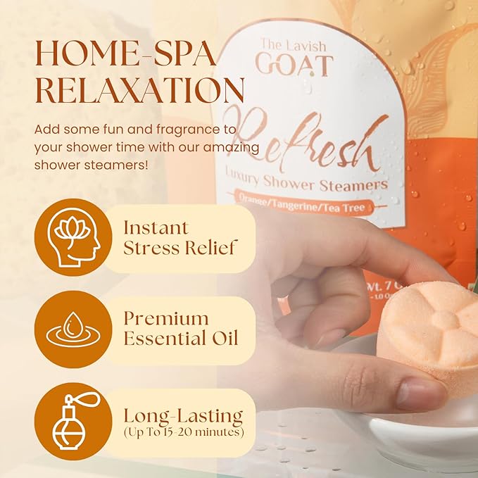 TLG Refresh Shower Steamers Aromatherapy 7 Pack – USA Made with Extra Menthol and Orange & Tea Tree Essential Oils – Shower Bomb for Relaxation, Citrus Shower Tablets – Gift for Men & Women - Bloomnest