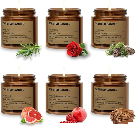 6 Pack Scented Candles Gifts for Women,3.5 Oz Amber Candles Set, 150 Hours Long Burning Soy Wax Candles Jar Aromatherapy Candles for Stress Relief, Birthdays, Weddings, Christmas Gifts, Yoga, Bath - Bloomnest