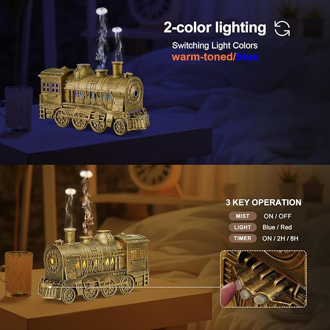 Train Diffuser 300ml, Aromatherapy Diffuser Cool Mist Ultrasonic Aroma Train Diffuser with Remote Control 2 Light 2 Mist Mode Auto Shut-Off for Bedroom Office Hotel(Bronze) - Bloomnest