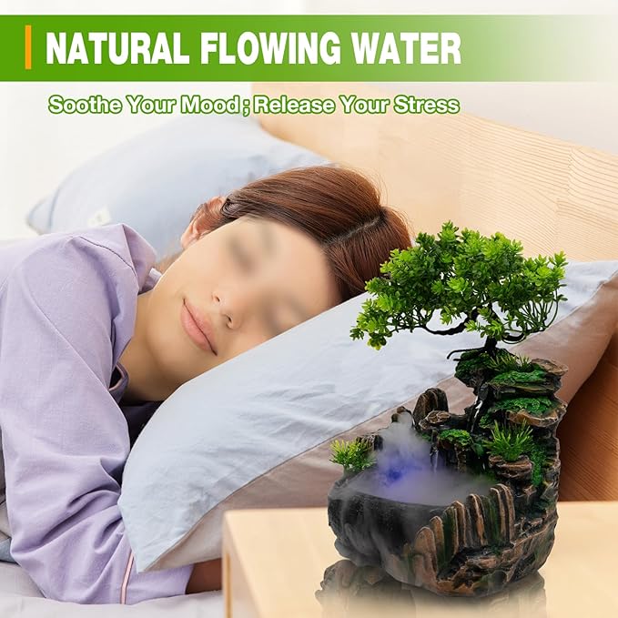 11.02INCH Indoor Water Fountain Rockery Ornaments, Atomizing Rockery Water Fountain Desktop, Chinese Fengshui LED Lamp Waterfall for Home Office - Bloomnest