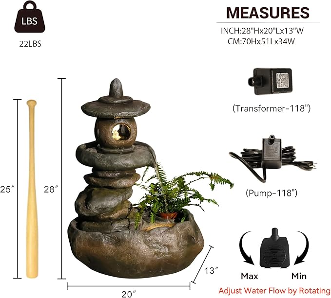 28" H Imitation Rock Pagoda Design Outdoor&Indoor Cascading Water Fountain, Natural Zen Decor Waterfall with LED Lights - Suitable for Garden/Patio/Yard/Deck/Balcony and Home Art Decor （Resin） - Bloomnest