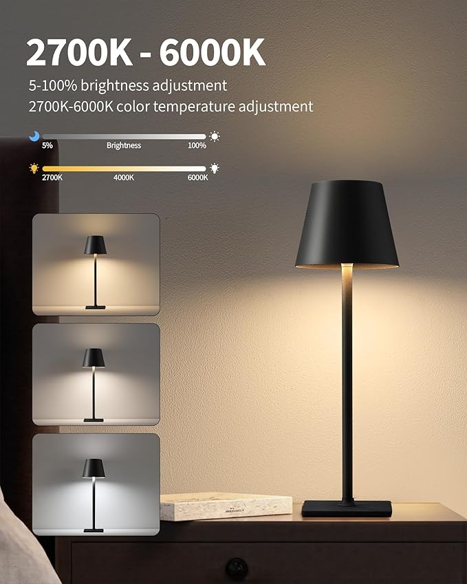 KDG 2 Pack Cordless Table Lamp, Portable LED Desk Lamps, 5000mAh Battery Operated, 3 Color Stepless Dimming Up, for Restaurant, Bedroom, Outdoor Camping, Coffee Shop, Night Light, Rechargeable (Black) - Bloomnest