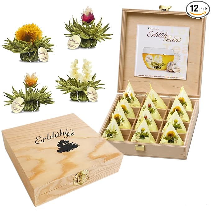 Creano Blooming Tea - Teelini Flowers in Cup Size - Gift Set in Wooden Box - 12 Pcs in 4 Varieties - White Tea - Bloomnest