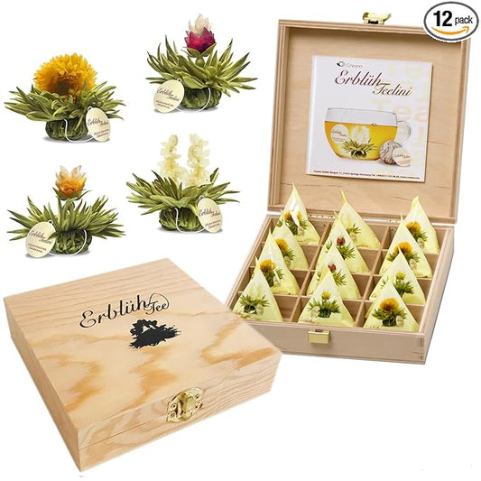 Creano Blooming Tea - Teelini Flowers in Cup Size - Gift Set in Wooden Box - 12 Pcs in 4 Varieties - White Tea - Bloomnest
