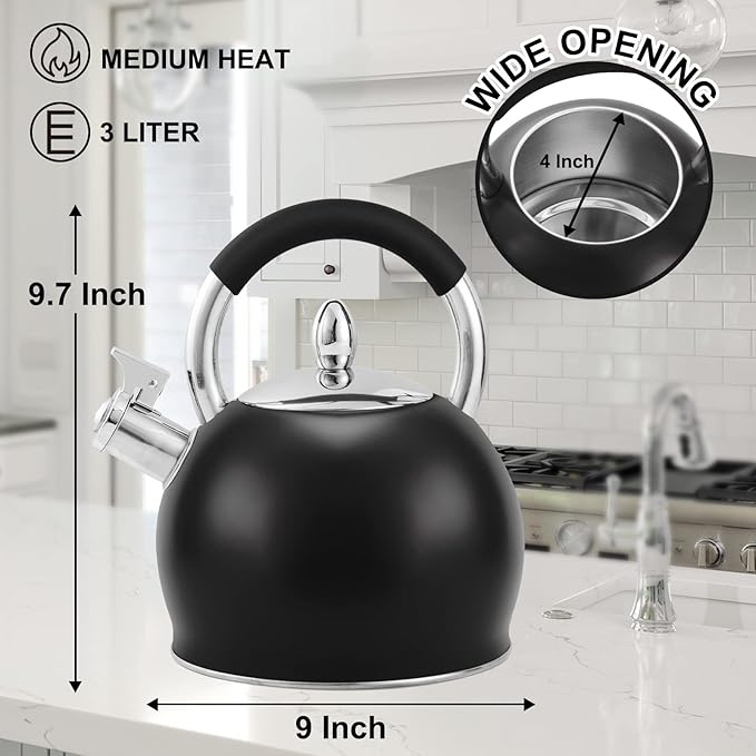 Whistling Tea Kettle for Stove Top Stainless Steel Tea Pot with Ergonomic Silicone Handle Teapot for Stovetop 3.2 Quart / 3 Liter Black - Bloomnest