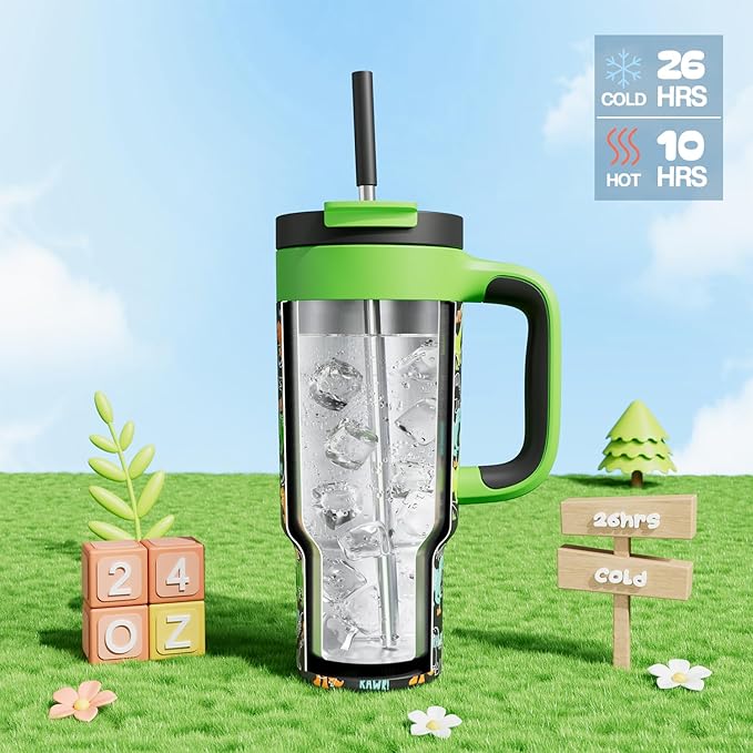 24 oz Kids Tumbler with Straw for Boys: Leakproof, Cold for 26 Hrs, Hot for 10 Hrs, Durable Handle, Insulated Stainless Steel Cup for Daycare, School, Classroom, Playtime, Birthday, Gift (Dino Rawr） - Bloomnest