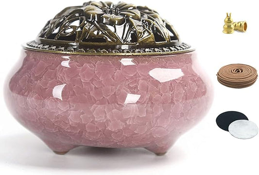 Ceramic Incense Burner with Calabash Incense Holder, 3 in 1 Stick or Cone Coil Incense Burner, Brass Lid for Yoga Spa Meditation - Bloomnest