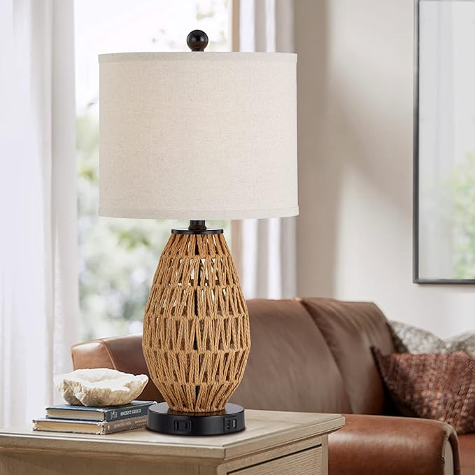 Touch Control Rattan Table Lamps, 3 Way Dimmable Bedside Lamps for Bedroom Set of 2 with 2 USB Ports and AC Outlet, Wicker Nightstand Lamps for Living Room (LED Bulbs Included) - Bloomnest