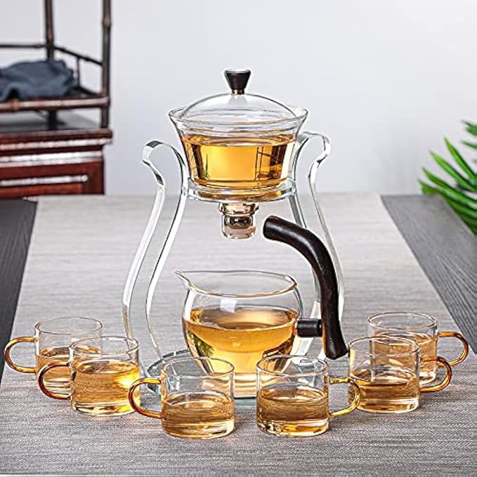 RORA Lazy Kungfu Glass Tea Set Semi Automatic Drip Rotating with Infuser Glass Teapot Set (6 cups) - Bloomnest