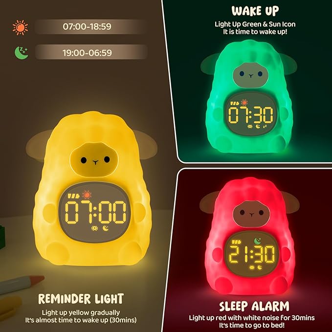 Sheep Alarm Clock with Night Light for Kids with Sleep Training and Sound Machine, Rechargeable Silicone Lamp OK to Wake Clock，Cute Animal Tabletop Lamp, Perfect Sleep Companion for Boys Girls - Bloomnest