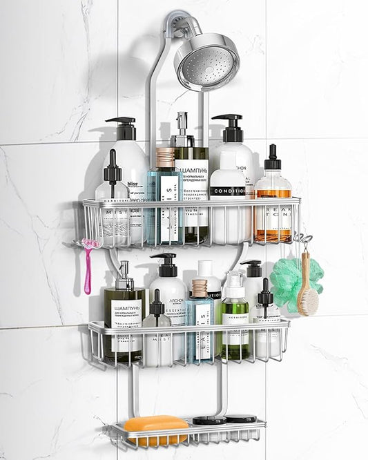 Shower Caddy Hanging - Never Rust Shower Hanging Organizer - Aluminum Over the ShowerHead Caddy with 6 Hooks for Razor/Sponge (Silver) - Bloomnest