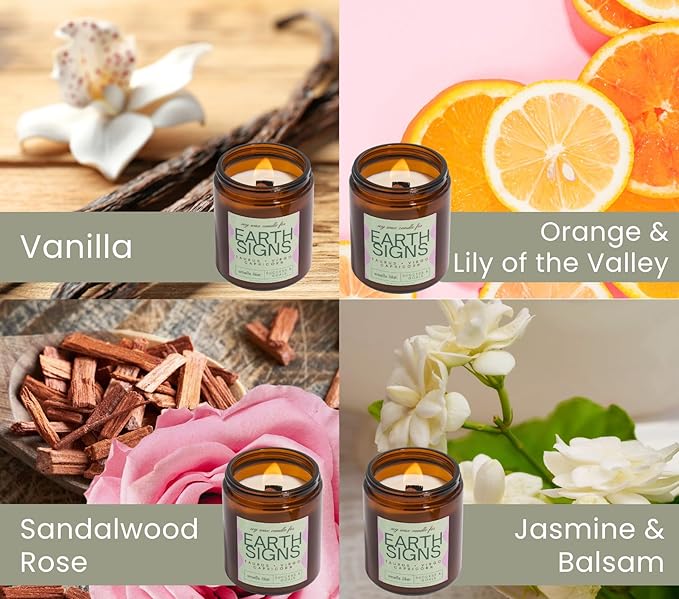 Taurus, Virgo, Capricorn Gifts for Women - Wood Wick Candles, 4 Pack Small Scented Candles Set for Women. 6oz Natural Soy Wax, Aromatherapy Set for Home. Zodiac Astrology Birthday Spiritual Gifts - Bloomnest