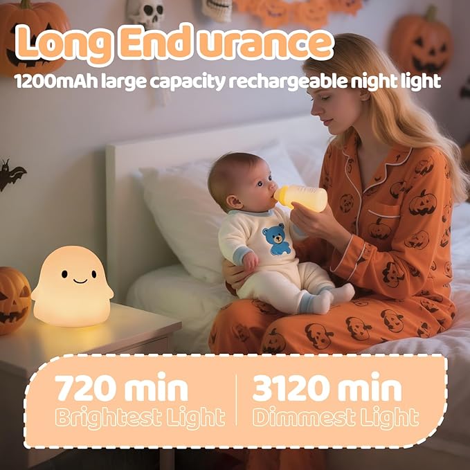Halloween Ghost Night Light, Cute Ghost Lamp - Halloween Gifts for Kids & Women, Cute Halloween Decor, Dimmable, Rechargeable, 30-Min Timer, Halloween Decorations, Halloween Lights - Bloomnest