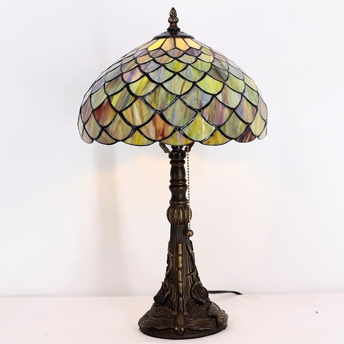 Tiffany Stained Glass Table Lamp 12X12X19 Inch Brown Fish Scales Style Desk Bedroom Living Room Reading Light(Brown Fish Scales) - Bloomnest