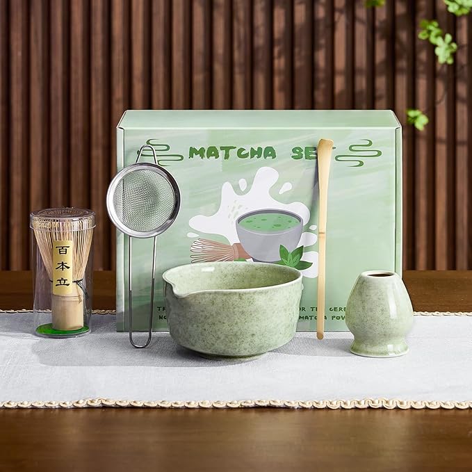 5Pcs Matcha Whisk Set - Matcha Bowl with Spout, 100% Bamboo Whisk (Chasen), Holder, Stainless Sifter, Tea Scoop. Japanese Ceremony Matcha Kit for Beginners, Ideal Gift for Tea Lovers (Green) - Bloomnest