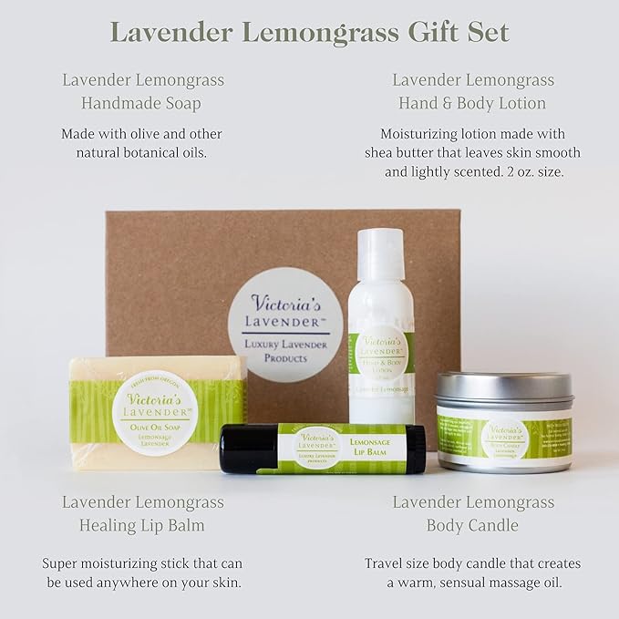 Victoria's Lavender Natural Body Products Gift Set - Handmade Soap, Hand & Body Lotion, Lip Balm, Made in the USA Body Candle Skin Care Set & Kits, Bath & Body Products for Women, Lavender Lemongrass - Bloomnest