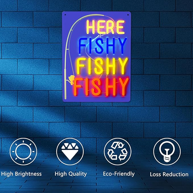 Funny Here Fishy Neon Sign Dimmable Fish Neon Light Wall Decor for Fishing Gear Store,Game Room, Man Cave Gift Art for Fishing Enthusiast-15.9 x 12.1IN-USB Powered-Acrylic - Bloomnest