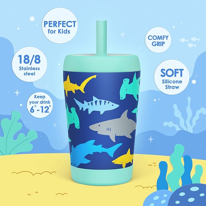 Kid Insulated Stainless Steel Tumbler with Silicone Straw, 12oz Sippy Cup for Kids (Sharks) - Bloomnest